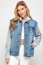 Women Denim Jacket Front Button Relaxed Fit Soft Fleece Hoodie Zarnesh